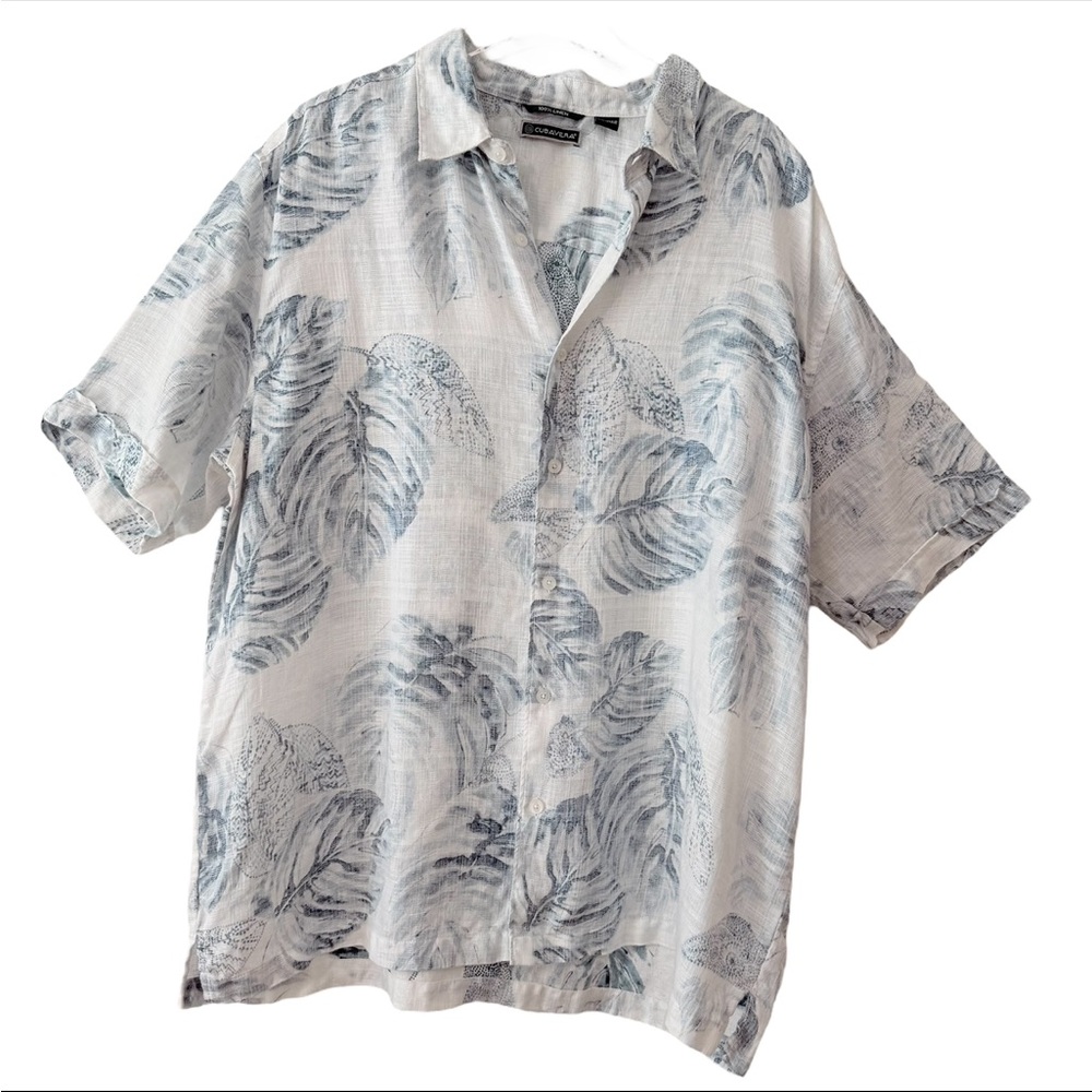 100% Linen Cubavera Hawaiian Palm Leaves Blue & White Buttondown Shirt Size XXXL